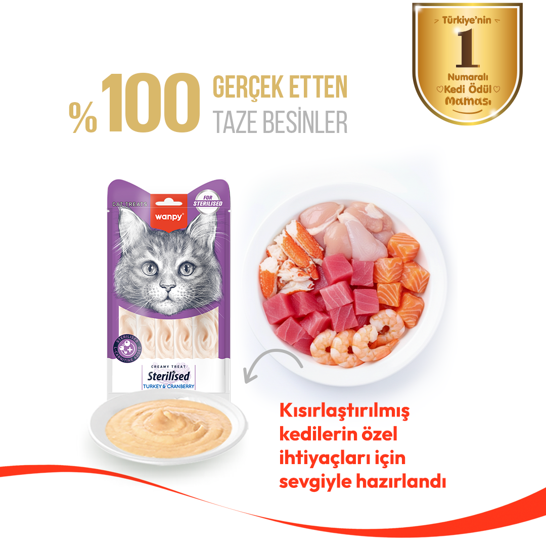 Wanpy Hindi & Kızılcıklı Kısırlaştırılmış Kedi Krema Ödülü 5'li