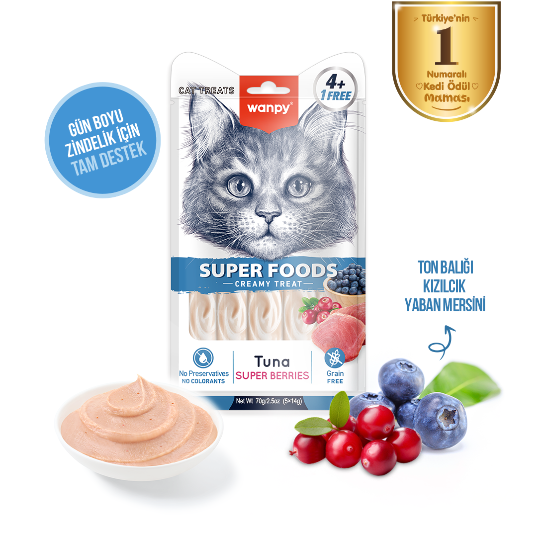 Wanpy Superfood Ton Balıklı, Yaban Mersini & Kızılcıklı Krema Kedi Ödülü 5'li